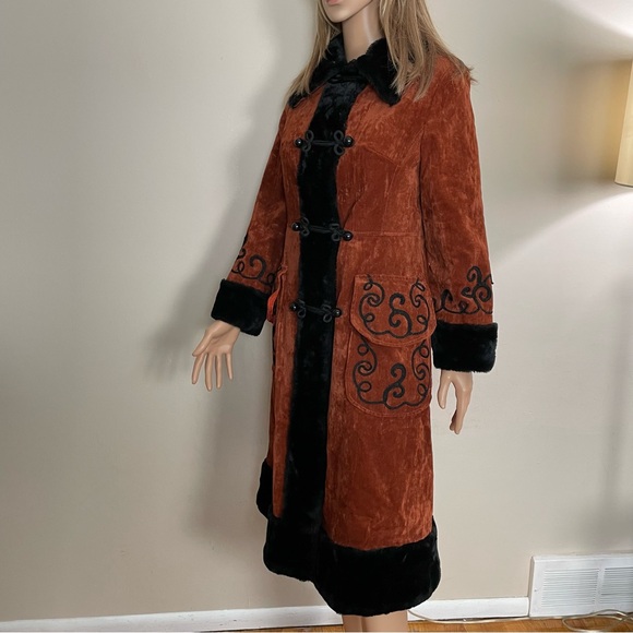 VINTAGE 70s Womens PENNY LANE Orange Crushed Velvet BOHO Jimmy Hendrix LONG COAT - Picture 4 of 8